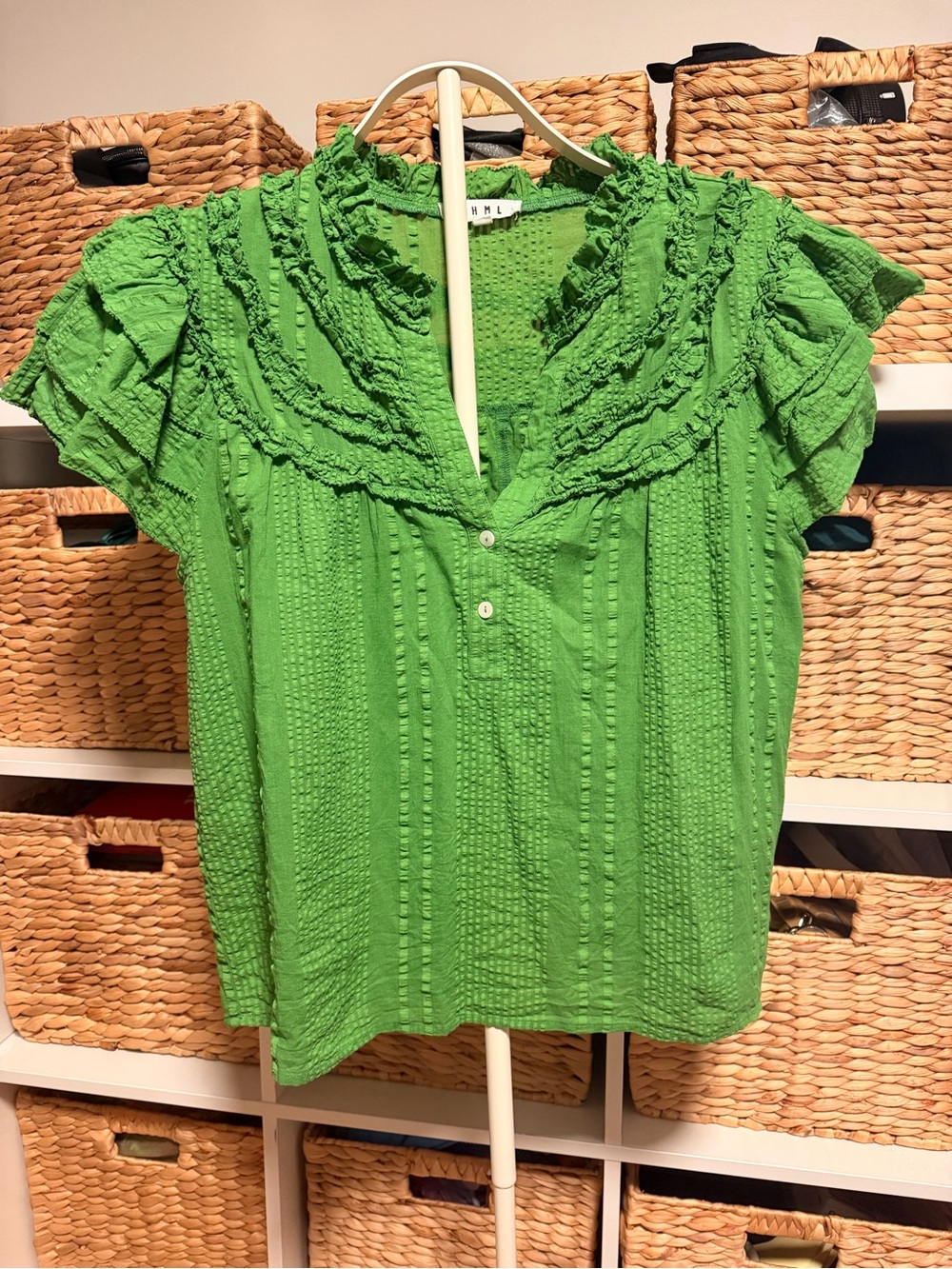 THML Green Ruffle-Sleeve Textured Blouse
